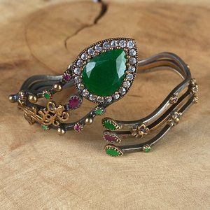 Ottoman Handmade Authentic Sterling Silver Bracelet with Emerald and CZ Diamonds